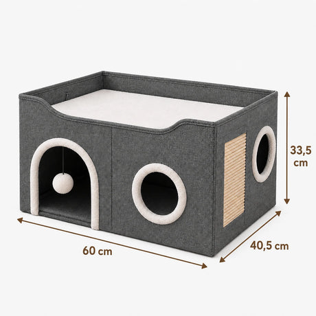 Διαστάσεις LeLo Pet CozyCube®: μήκος 60cm, βάθος 40,5cm και ύψος 33,5cm, με άνω lounge, ονυχοδρόμιο, πολλαπλές εισόδους και κρεμαστό μπαλάκι.