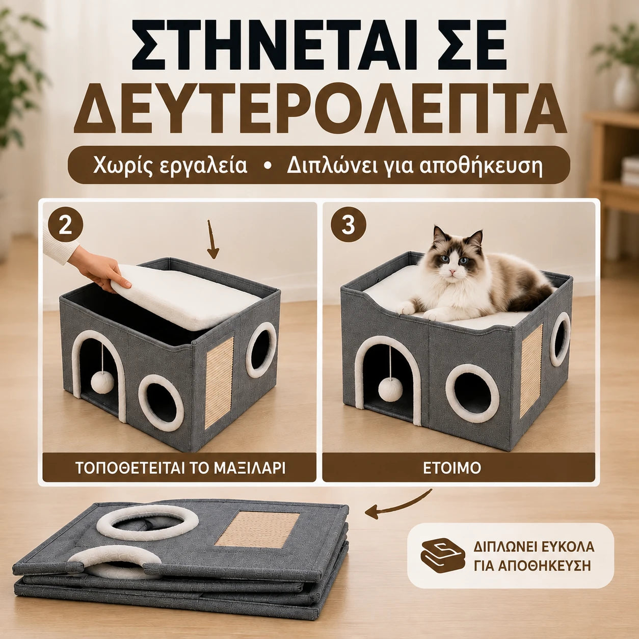 LeLo Pet CozyCube® αναδιπλούμενο σπιτάκι γάτας με άνω lounge, ονυχοδρόμιο και κρεμαστό μπαλάκι παιχνιδιού που στήνεται σε δευτερόλεπτα χωρίς εργαλεία και διπλώνει εύκολα για αποθήκευση.