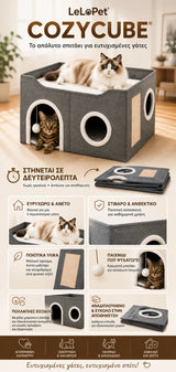Κάθετη infographic εικόνα του LeLo Pet CozyCube® με τα κύρια πλεονεκτήματα: ευρύχωρο σπιτάκι, άνω lounge, ονυχοδρόμιο, κρεμαστό παιχνίδι, πολλαπλές εισόδους και αναδιπλούμενη κατασκευή.