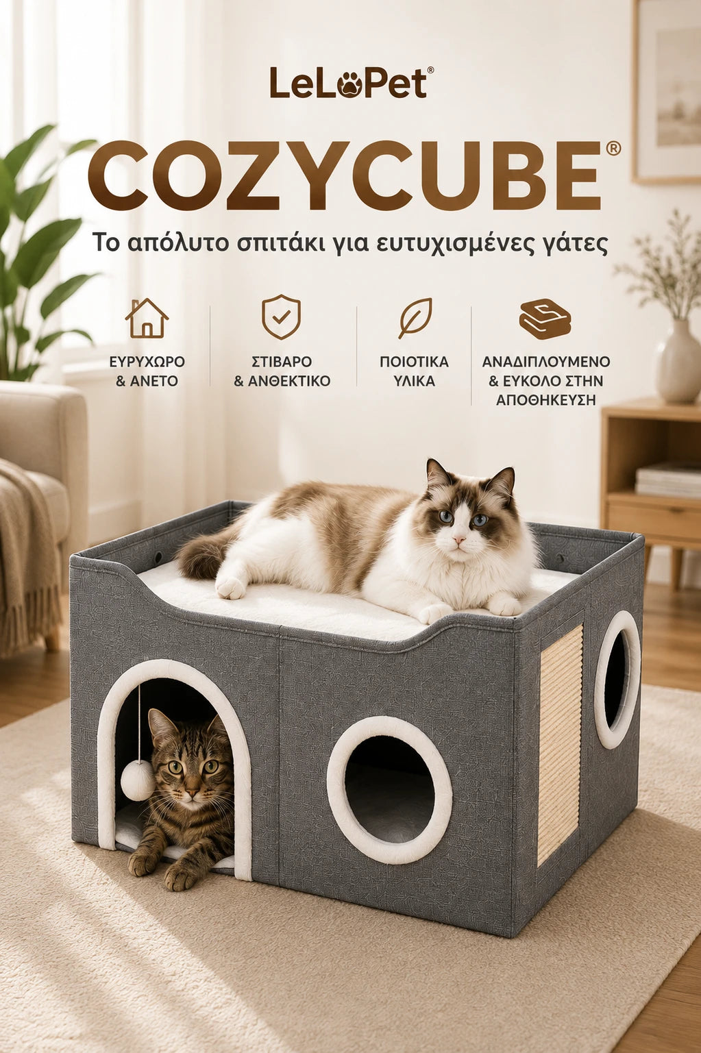 LeLo Pet CozyCube® κάθετη promotional εικόνα με ευρύχωρο σπιτάκι γάτας, άνω lounge, ονυχοδρόμιο, πολλαπλές εισόδους και κρεμαστό παιχνίδι.
