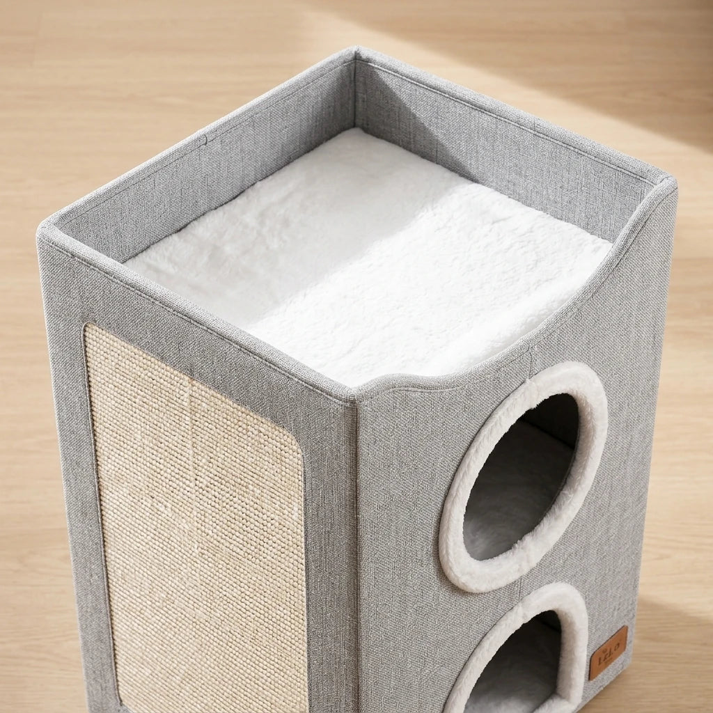 LeLo Pet CozyCube Tower γκρι τριώροφο σπιτάκι γάτας με άνω μαλακό κρεβατάκι και μεγάλο πλαϊνό ονυχοδρόμιο