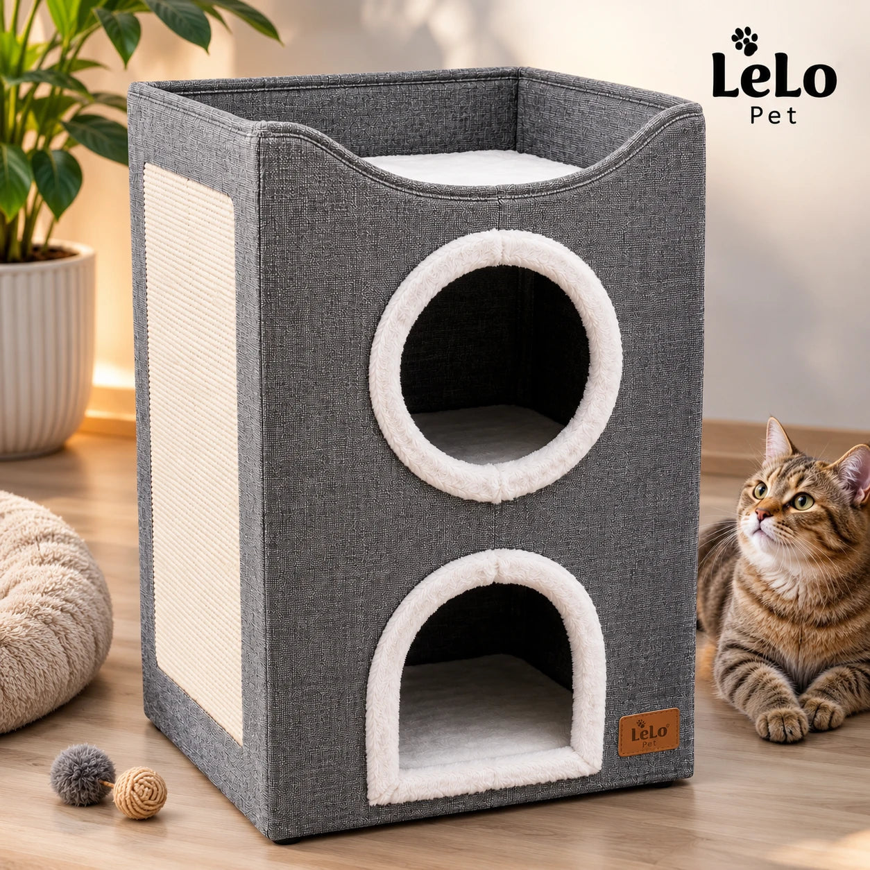 LeLo Pet CozyCube Tower γκρι τριώροφο σπιτάκι γάτας με μεγάλο πλαϊνό ονυχοδρόμιο και άνω κρεβατάκι