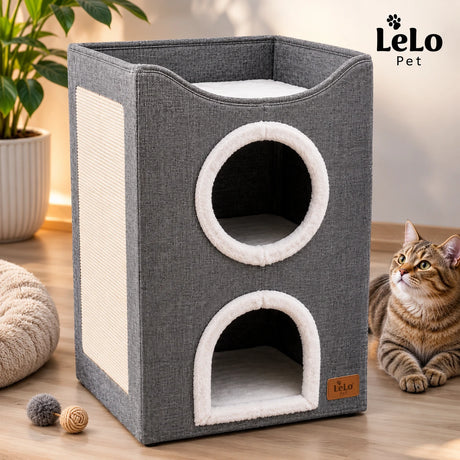 LeLo Pet CozyCube Tower γκρι τριώροφο σπιτάκι γάτας με μεγάλο πλαϊνό ονυχοδρόμιο και άνω κρεβατάκι
