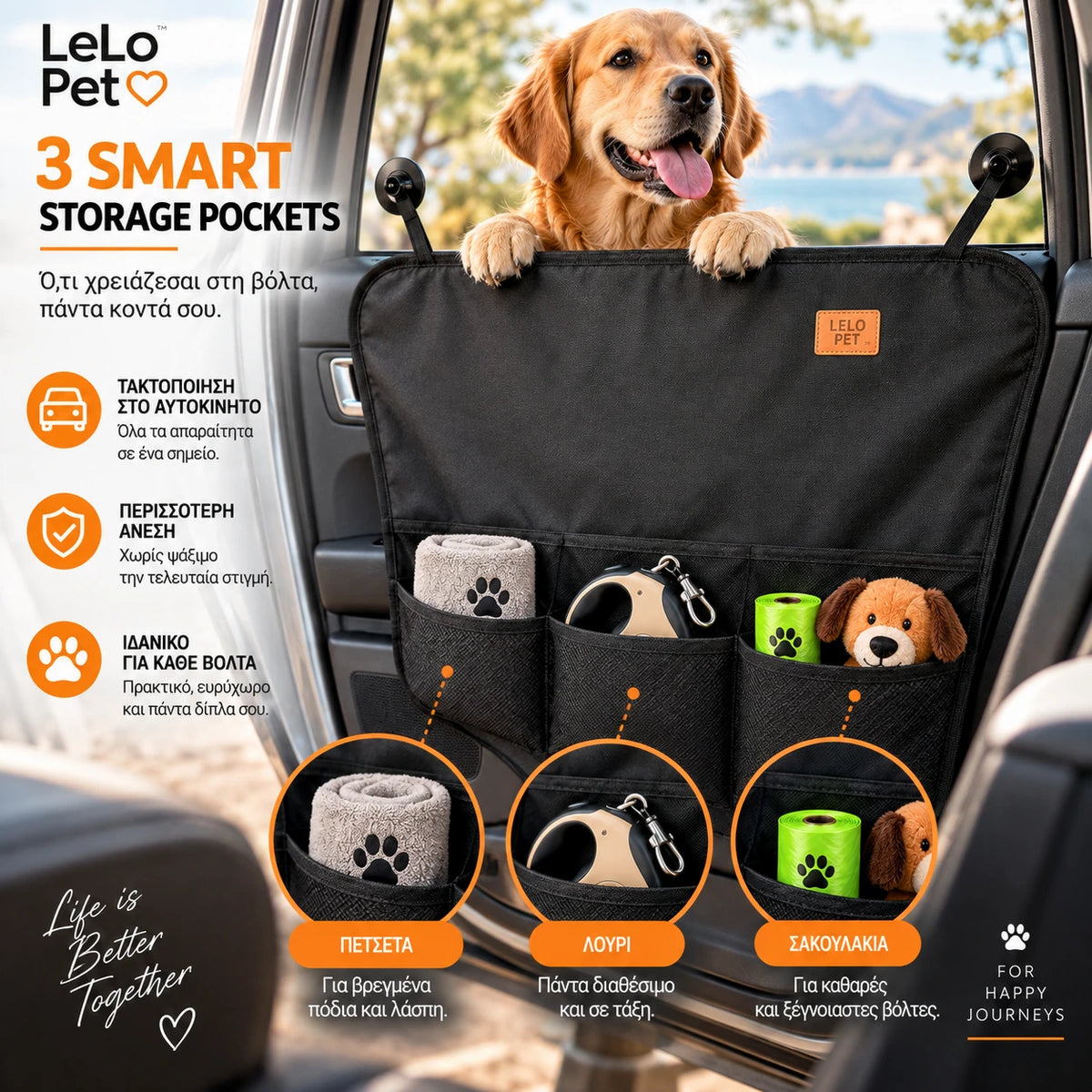 LeLo Pet DoorShield με 3 ενσωματωμένες θήκες αποθήκευσης για πετσέτα, λουρί, σακουλάκια και αξεσουάρ σκύλου στο αυτοκίνητο