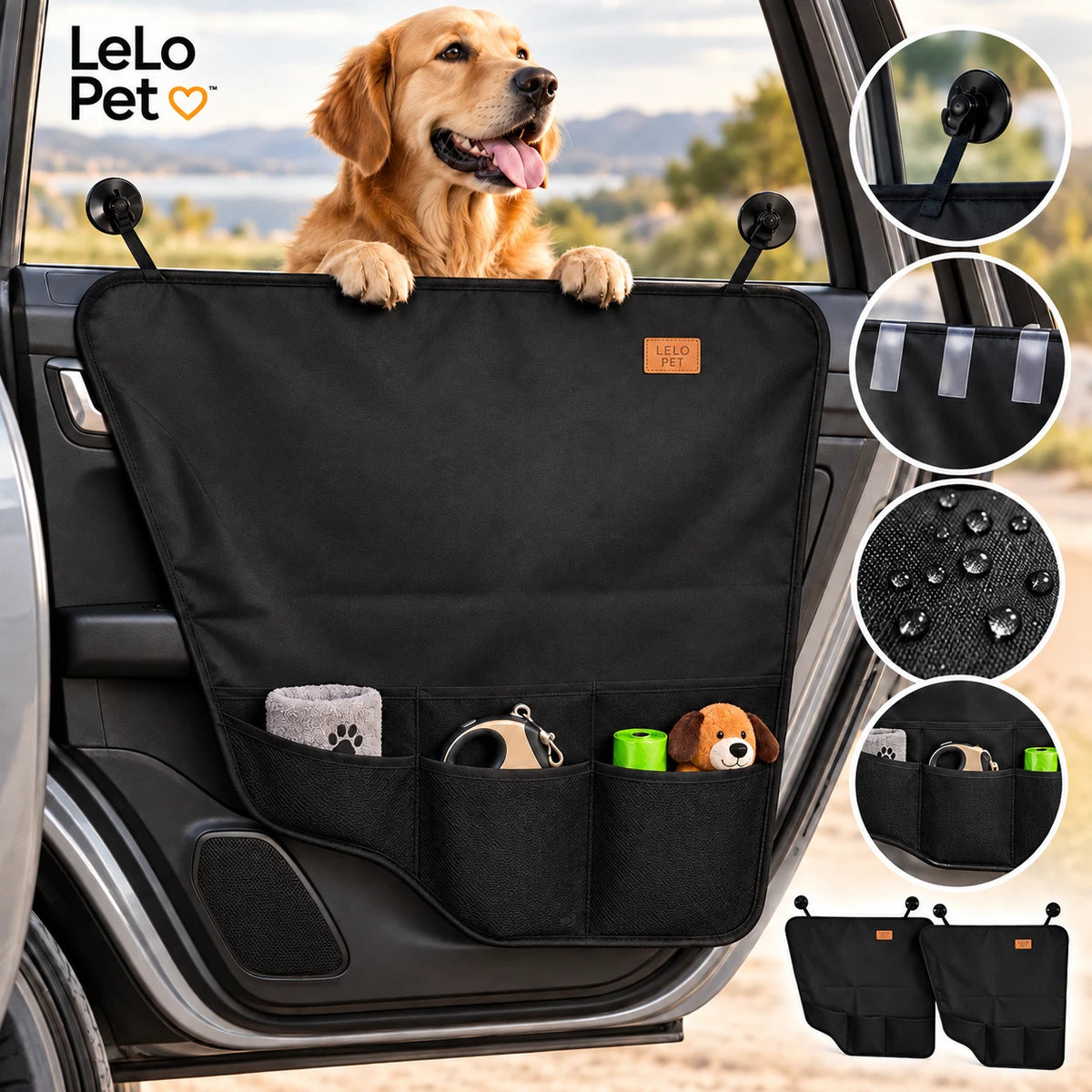 LeLo Pet DoorShield σετ 2 αδιάβροχων anti-scratch προστατευτικών πίσω πόρτας αυτοκινήτου για σκύλους με διπλή στερέωση και 3 θήκες
