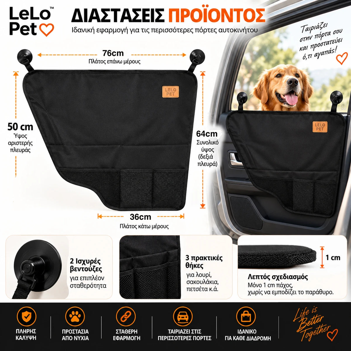 LeLo Pet DoorShield με πραγματικό διαμορφωμένο σχήμα, αναλυτικές διαστάσεις και εφαρμογή στην πίσω πόρτα αυτοκινήτου με βεντούζες, κρυφά tabs στερέωσης και 3 θήκες