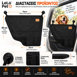 LeLo Pet DoorShield με πραγματικό διαμορφωμένο σχήμα, αναλυτικές διαστάσεις και εφαρμογή στην πίσω πόρτα αυτοκινήτου με βεντούζες, κρυφά tabs στερέωσης και 3 θήκες