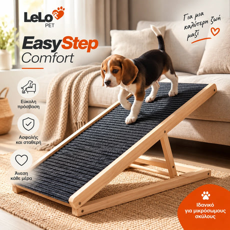 Κουτάβι Beagle χρησιμοποιεί τη LeLo Pet EasyStep Comfort ξύλινη ράμπα με ραβδωτή αντιολισθητική επιφάνεια για πρόσβαση στον καναπέ