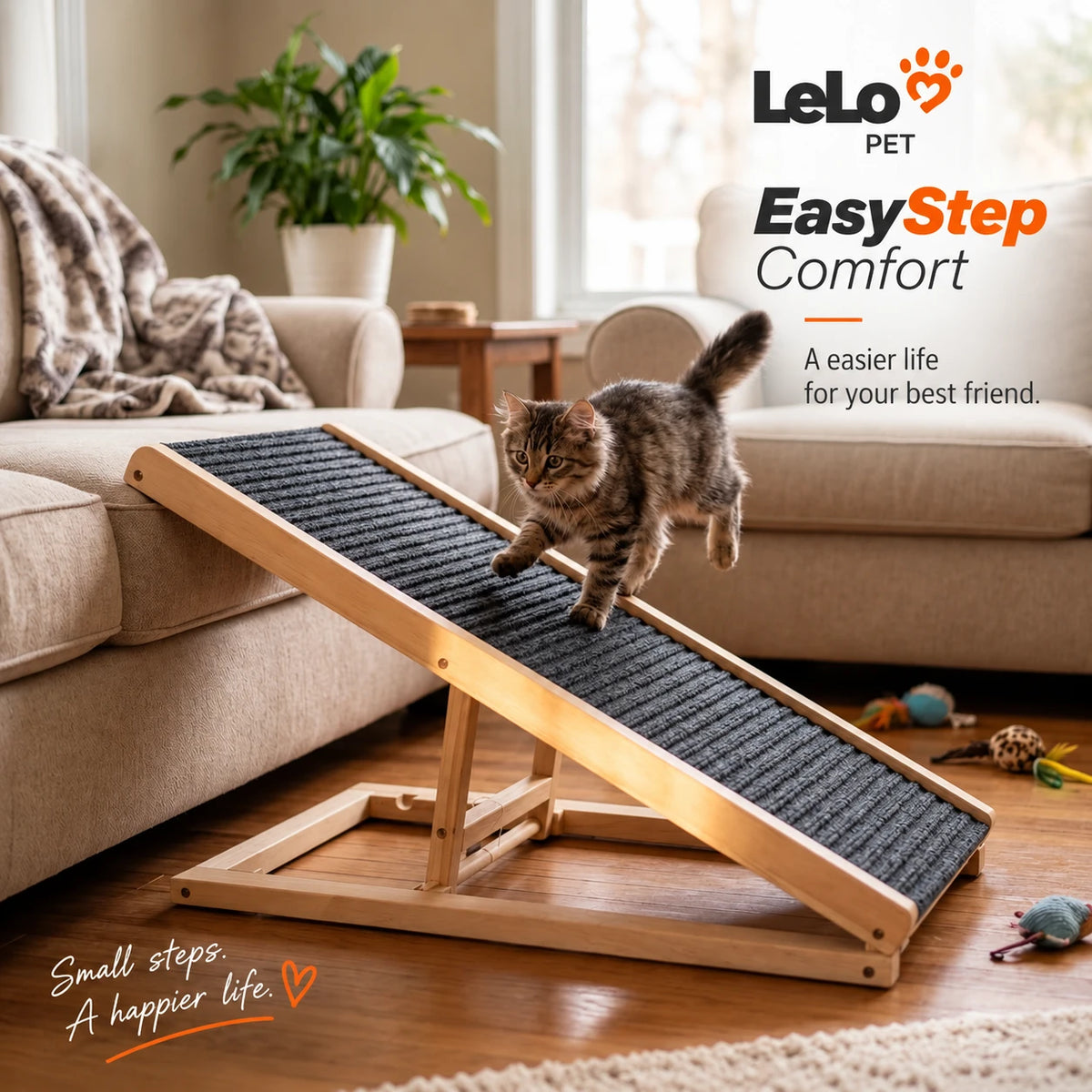 Γάτα χρησιμοποιεί τη LeLo Pet EasyStep Comfort ξύλινη ράμπα με αντιολισθητική επιφάνεια για άνετη πρόσβαση στον καναπέ
