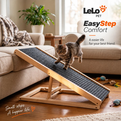 Γάτα χρησιμοποιεί τη LeLo Pet EasyStep Comfort ξύλινη ράμπα με αντιολισθητική επιφάνεια για άνετη πρόσβαση στον καναπέ