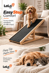 LeLo Pet EasyStep Comfort ξύλινη ράμπα κατοικιδίων με σκύλο σε χρήση και σκύλο με γάτα σε χαλαρή στιγμή στο σπίτι