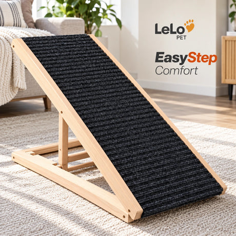 LeLo Pet EasyStep Comfort ρυθμιζόμενη ξύλινη ράμπα σκύλου και γάτας 71×35cm με αντιολισθητική επιφάνεια και αναδιπλούμενη βάση