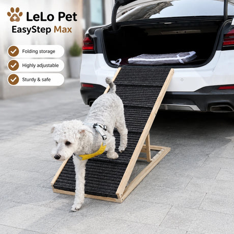 LeLo Pet EasyStep Max ρυθμιζόμενη ξύλινη ράμπα σκύλου σε χρήση για πρόσβαση σε αυτοκίνητο με αντιολισθητική επιφάνεια
