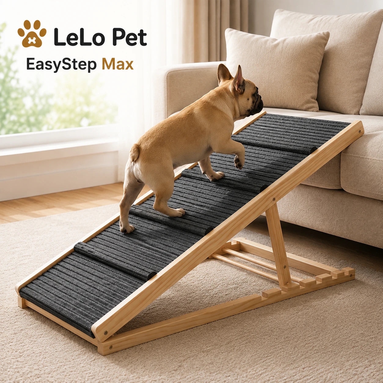 LeLo Pet EasyStep Max ξύλινη ρυθμιζόμενη ράμπα σκύλου με αντιολισθητική επιφάνεια σε χρήση για πρόσβαση σε καναπέ