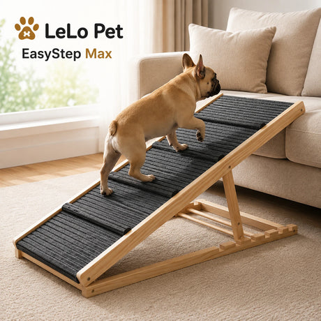 LeLo Pet EasyStep Max ξύλινη ρυθμιζόμενη ράμπα σκύλου με αντιολισθητική επιφάνεια σε χρήση για πρόσβαση σε καναπέ
