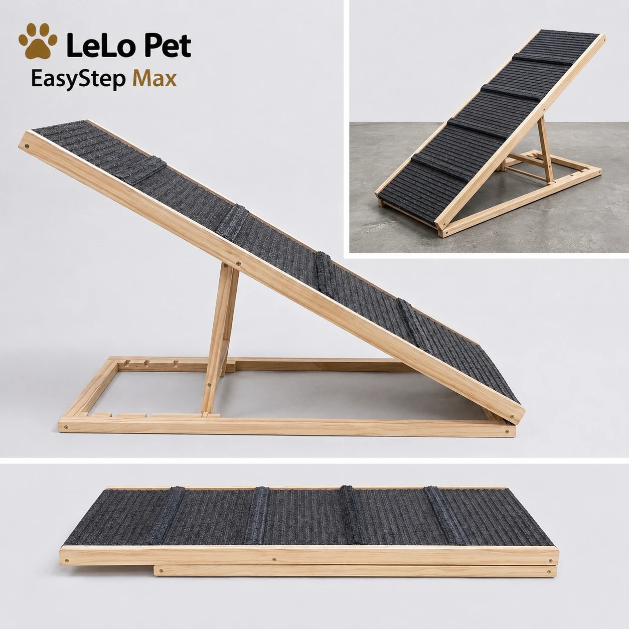 LeLo Pet EasyStep Max ρυθμιζόμενη ξύλινη ράμπα σκύλου με αντιολισθητική επιφάνεια, 4 επίπεδα ύψους και αναδιπλούμενη κατασκευή