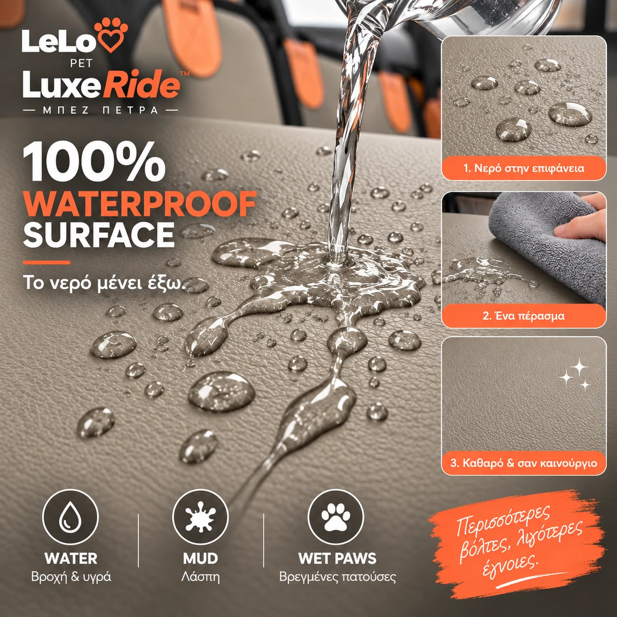 LeLo Pet LuxeRide Μπεζ Πέτρα με 100% αδιάβροχη επιφάνεια συνθετικού δέρματος, όπου το νερό παραμένει στην επιφάνεια και απομακρύνεται εύκολα με ένα πέρασμα