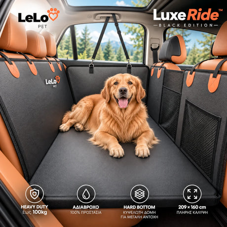 LeLo Pet LuxeRide Black Edition με μαύρο συνθετικό δέρμα, ενιαίο Hard Bottom έως 100kg, πλαϊνές mesh θήκες και μεγάλο σκύλο στο πίσω κάθισμα αυτοκινήτου