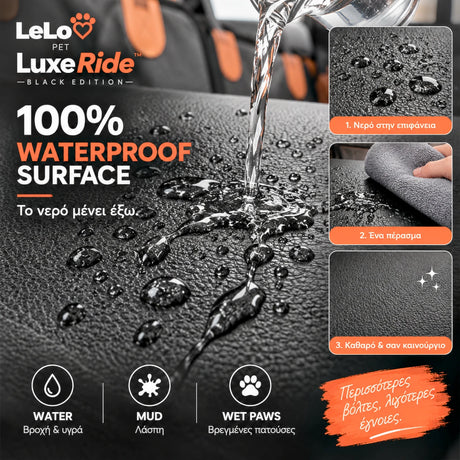 LeLo Pet LuxeRide Black Edition με 100% αδιάβροχη επιφάνεια συνθετικού δέρματος, όπου το νερό παραμένει στην επιφάνεια και καθαρίζεται εύκολα με ένα πέρασμα