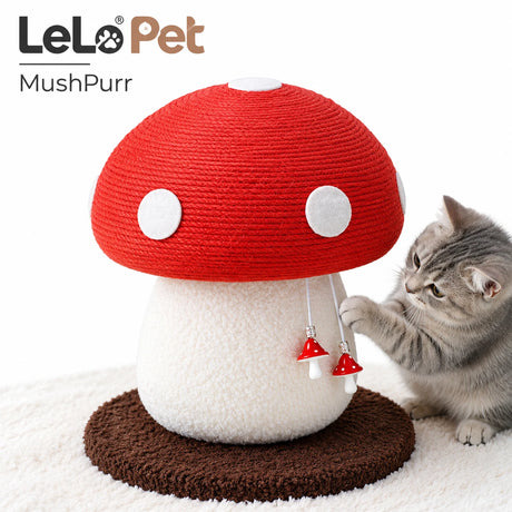 LeLo Pet MushPurr premium ονυχοδρόμιο γάτας σε σχήμα μανιταριού με sisal, μαλακή βάση και δύο κρεμαστά παιχνίδια