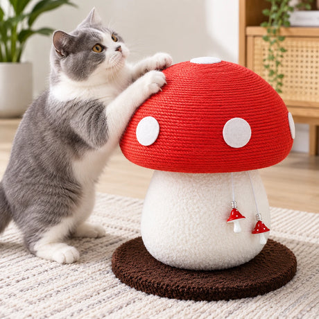 LeLo Pet MushPurr ονυχοδρόμιο γάτας με μεγάλη επιφάνεια sisal σε σχήμα μανιταριού, με γάτα να ξύνει και να τεντώνεται πάνω στο προϊόν