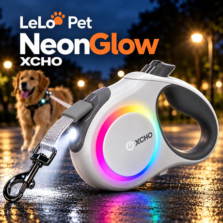 LeLo Pet NeonGlow XCHO Heavy Duty επεκτεινόμενο λουρί σκύλου 5m με LED RGB και ενσωματωμένο φακό για σκύλους έως 60kg