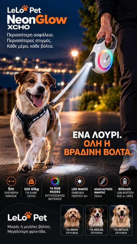 LeLo Pet NeonGlow XCHO κάθετη lifestyle παρουσίαση σε βραδινή βόλτα με επεκτεινόμενο λουρί 5m, LED φακό, 14 RGB λειτουργίες και ανακλαστικό ιμάντα για μικρούς, μεσαίους και μεγάλους σκύλους έως 60kg