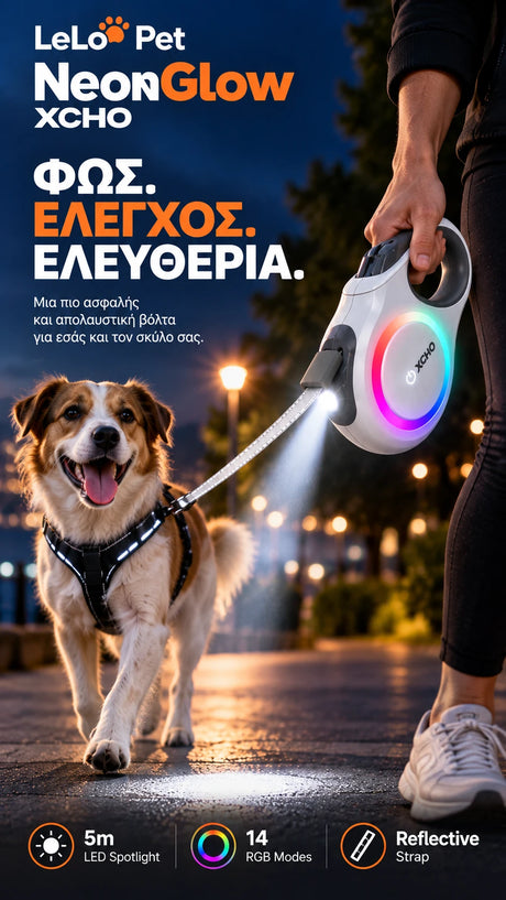 LeLo Pet NeonGlow XCHO κάθετη παρουσίαση επεκτεινόμενου λουριού σκύλου σε βραδινή βόλτα με LED spotlight 5m, 14 RGB λειτουργίες και ανακλαστικό ιμάντα