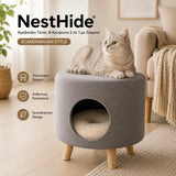 LeLo Pet NestHide® γκρι κρεβατάκι και κρυψώνα γάτας 2 σε 1 με λειτουργία σκαμπό, ξύλινα πόδια και γάτα ξαπλωμένη στην επάνω επιφάνεια Scandinavian Style.