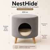 LeLo Pet NestHide® κρεβατάκι και κρυψώνα γάτας 2 σε 1 με διάμετρο 35 cm, συνολικό ύψος περίπου 41 cm, σώμα 26 cm και ξύλινα πόδια 15 cm.