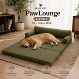 LeLo Pet PawLounge Large λαδί πλήρως ανοιχτό 90x180cm με μεγαλόσωμο σκύλο, ανατομικός καναπές και κρεβάτι με Premium Foam