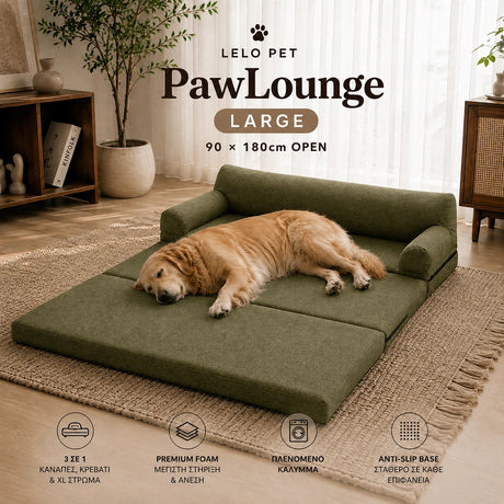 LeLo Pet PawLounge Large λαδί πλήρως ανοιχτό 90x180cm με μεγαλόσωμο σκύλο, ανατομικός καναπές και κρεβάτι με Premium Foam
