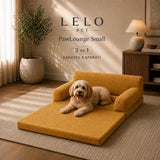LeLo Pet PawLounge Small μουσταρδί, ανατομικός καναπές και κρεβάτι σκύλου 2 σε 1 πλήρως ανοιχτό, με σκύλο να ξεκουράζεται επάνω.