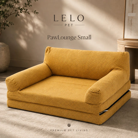 LeLo Pet PawLounge Small σε μουσταρδί χρώμα, ανατομικός καναπές και κρεβάτι σκύλου 2 σε 1 με premium αφρώδη στήριξη.