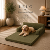 LeLo Pet PawLounge Small λαδί ανατομικός καναπές και κρεβάτι σκύλου 2 σε 1, ανοιχτό στα 100cm, με μικρόσωμο σκύλο.