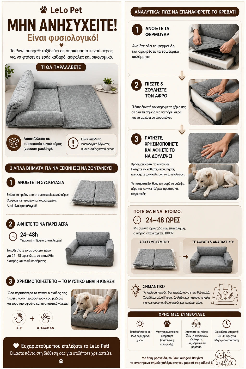 LeLo Pet PawLounge – φυλλάδιο οδηγιών για επαναφορά του κρεβατιού μετά τη συσκευασία κενού αέρος, με χρόνο 24–48 ωρών και οδηγίες ενεργοποίησης του αφρού.