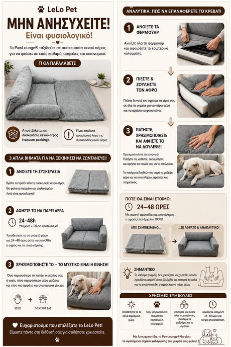 LeLo Pet PawLounge – φυλλάδιο οδηγιών για επαναφορά του κρεβατιού μετά τη συσκευασία κενού αέρος, με χρόνο 24–48 ωρών και οδηγίες ενεργοποίησης του αφρού.