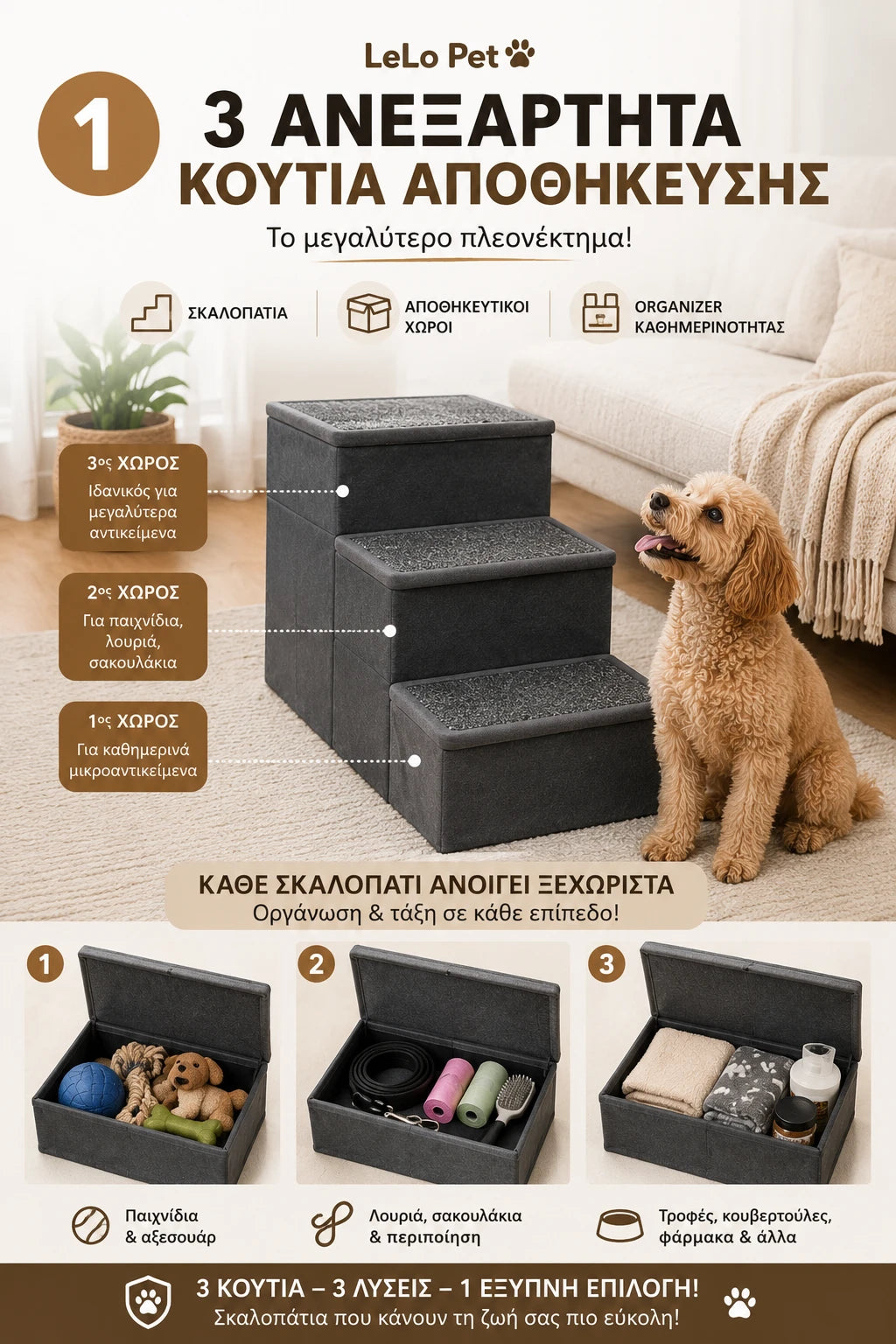 LeLo Pet SmartStep® σκαλοπάτια σκύλου και γάτας με 3 ανεξάρτητα κουτιά αποθήκευσης που ανοίγουν ξεχωριστά, ιδανικά για παιχνίδια, λουριά, λιχουδιές και αξεσουάρ κατοικιδίων.