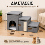 Διαστάσεις του LeLo Pet SmartStep Scratch® με συνολικό ύψος 43cm, μήκος 73cm, πλάτος 32,5cm και αναλυτικές διαστάσεις κάθε σκαλοπατιού και του σπιτιού.
