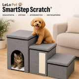 LeLo Pet SmartStep Scratch® premium σκαλοπάτια σκύλου και γάτας με σπιτάκι, ονυχοδρόμιο και αποθηκευτικούς χώρους σε γκρι χρώμα.