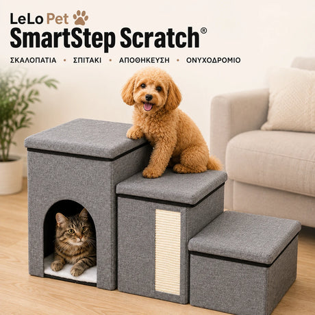 LeLo Pet SmartStep Scratch® premium σκαλοπάτια σκύλου και γάτας με σπιτάκι, ονυχοδρόμιο και αποθηκευτικούς χώρους σε γκρι χρώμα.