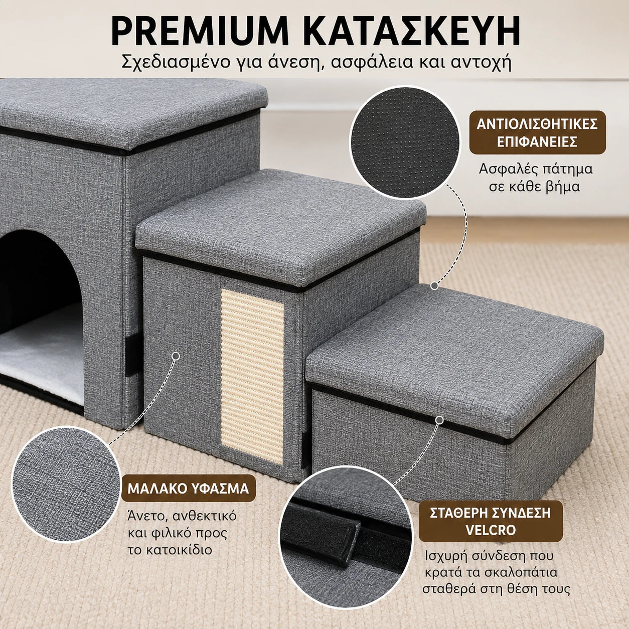 Premium κατασκευή LeLo Pet SmartStep Scratch® με κοντινή προβολή του μαλακού υφάσματος, των αντιολισθητικών επιφανειών και της σταθερής σύνδεσης Velcro.