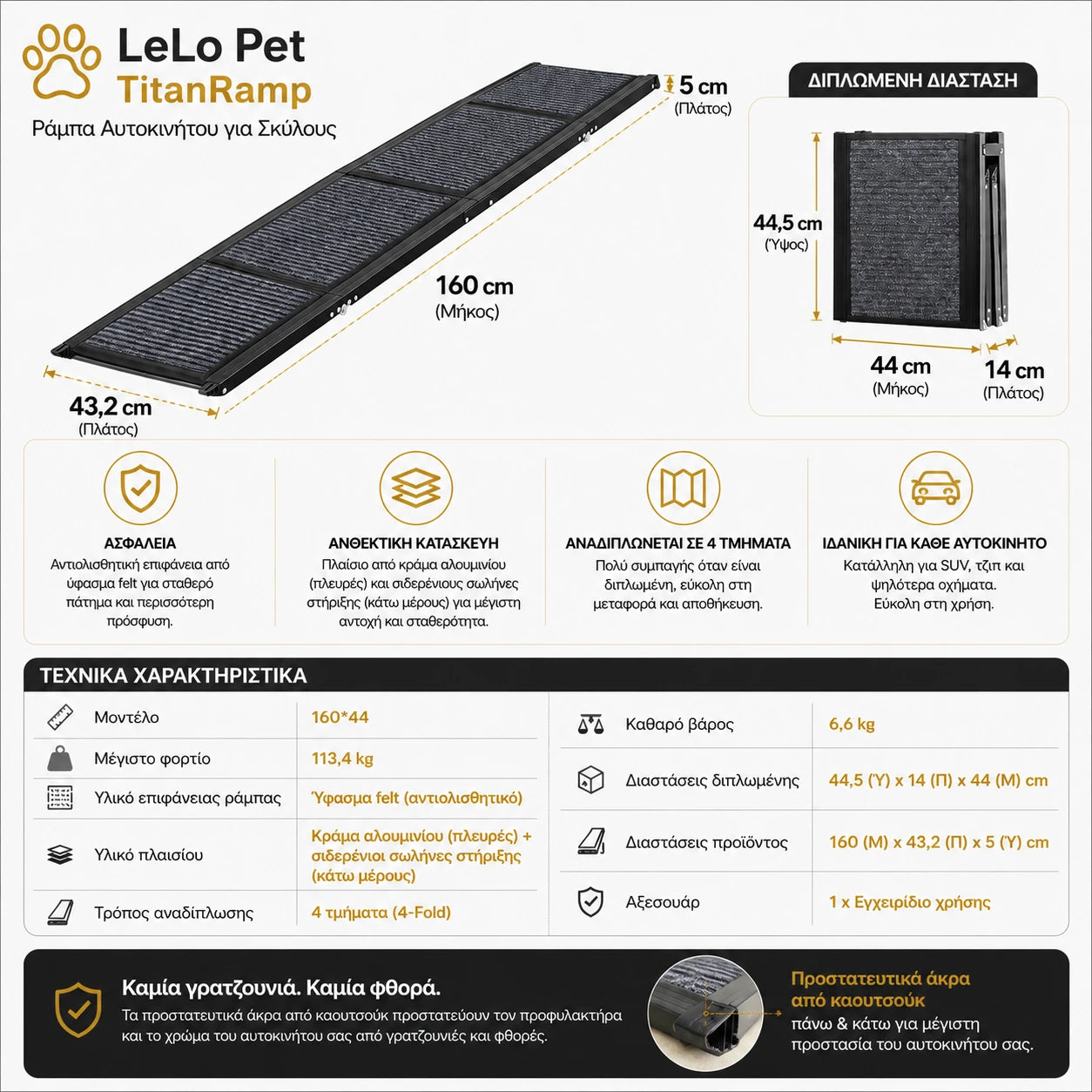 LeLo Pet TitanRamp τεχνικά χαρακτηριστικά και διαστάσεις 160x43,2cm, 4-fold αναδίπλωση, αντιολισθητική felt επιφάνεια και φορτίο έως 113,4kg