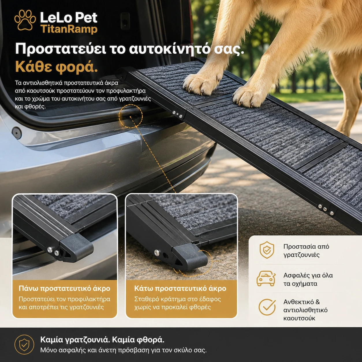 LeLo Pet TitanRamp με αντιολισθητικά προστατευτικά άκρα από καουτσούκ για σταθερή στήριξη και προστασία του προφυλακτήρα από γρατζουνιές