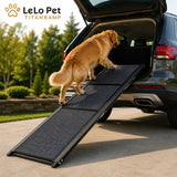 LeLo Pet TitanRamp heavy-duty ράμπα αυτοκινήτου 160x44cm με μεγαλόσωμο σκύλο να ανεβαίνει σε SUV μέσω της αντιολισθητικής επιφάνειας