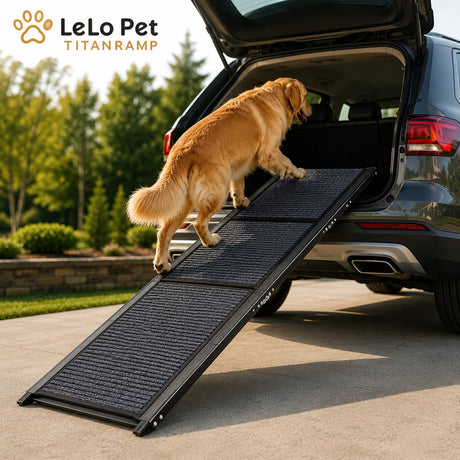 LeLo Pet TitanRamp heavy-duty ράμπα αυτοκινήτου 160x44cm με μεγαλόσωμο σκύλο να ανεβαίνει σε SUV μέσω της αντιολισθητικής επιφάνειας
