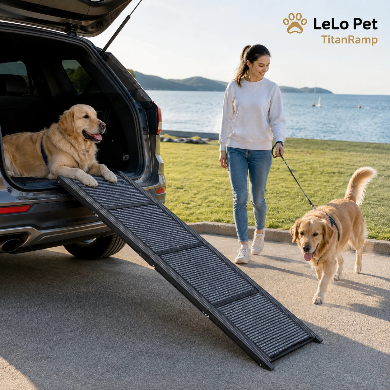 LeLo Pet TitanRamp αναδιπλούμενη ράμπα αυτοκινήτου 160x44cm σε φυσική χρήση με μεγαλόσωμο σκύλο και SUV