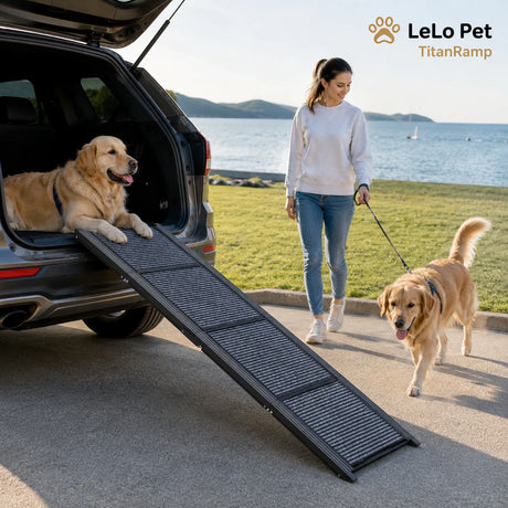 LeLo Pet TitanRamp αναδιπλούμενη ράμπα αυτοκινήτου 160x44cm σε φυσική χρήση με μεγαλόσωμο σκύλο και SUV