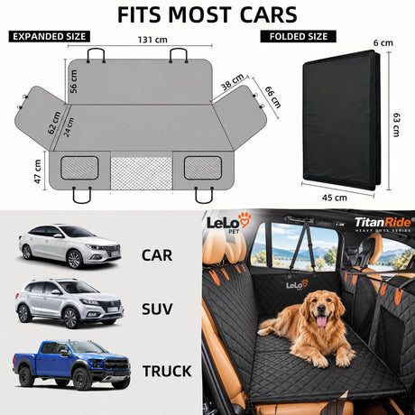 Διαστάσεις LeLo Pet TitanRide σε εκατοστά με ανάπτυγμα και διπλωμένο μέγεθος, κατάλληλο για αυτοκίνητα, SUV και pickup