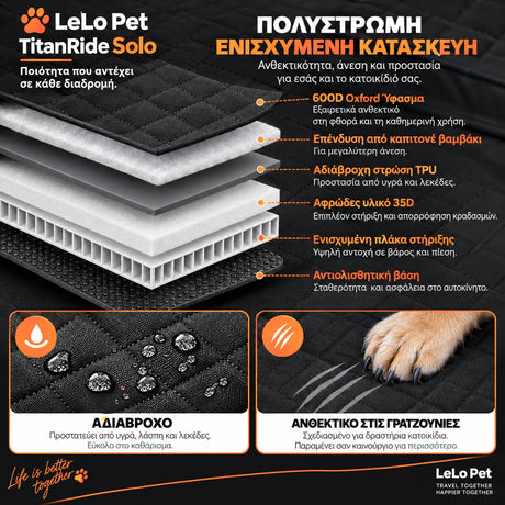 LeLo Pet TitanRide Solo με πολυστρωματική ενισχυμένη κατασκευή, 600D Oxford ύφασμα, αδιάβροχη προστασία, anti-scratch επιφάνεια και σκληρή κυψελωτή βάση για σταθερή μεταφορά σκύλου στο πίσω κάθισμα